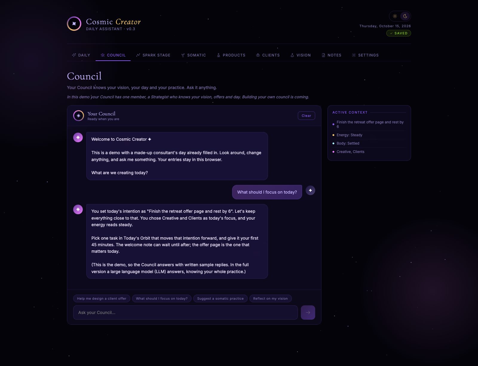 The Council: a conversation where the Council answers 'What should I focus on today?' using the day's intention, focus and energy, beside an Active Context panel listing them.