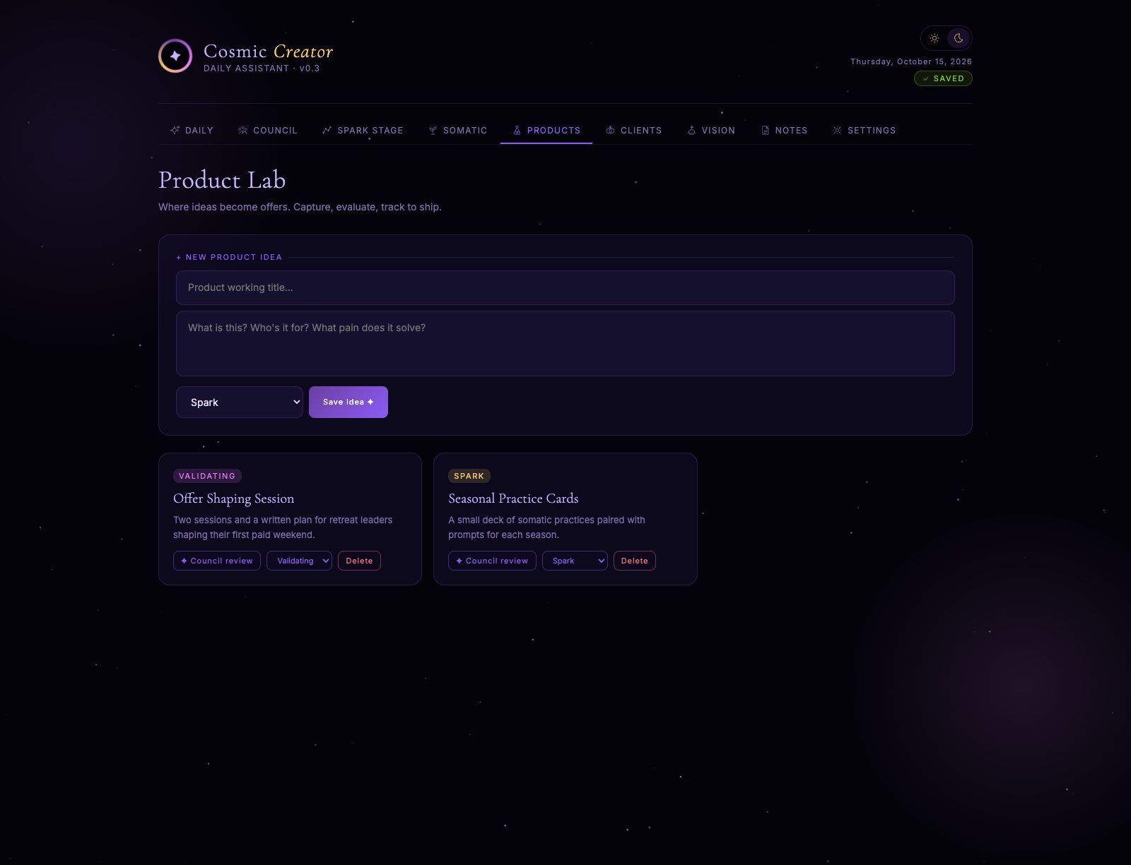 The Product Lab: a form for a new product idea and two idea cards, Offer Shaping Session (validating) and Seasonal Practice Cards (spark), each with a Council review button.