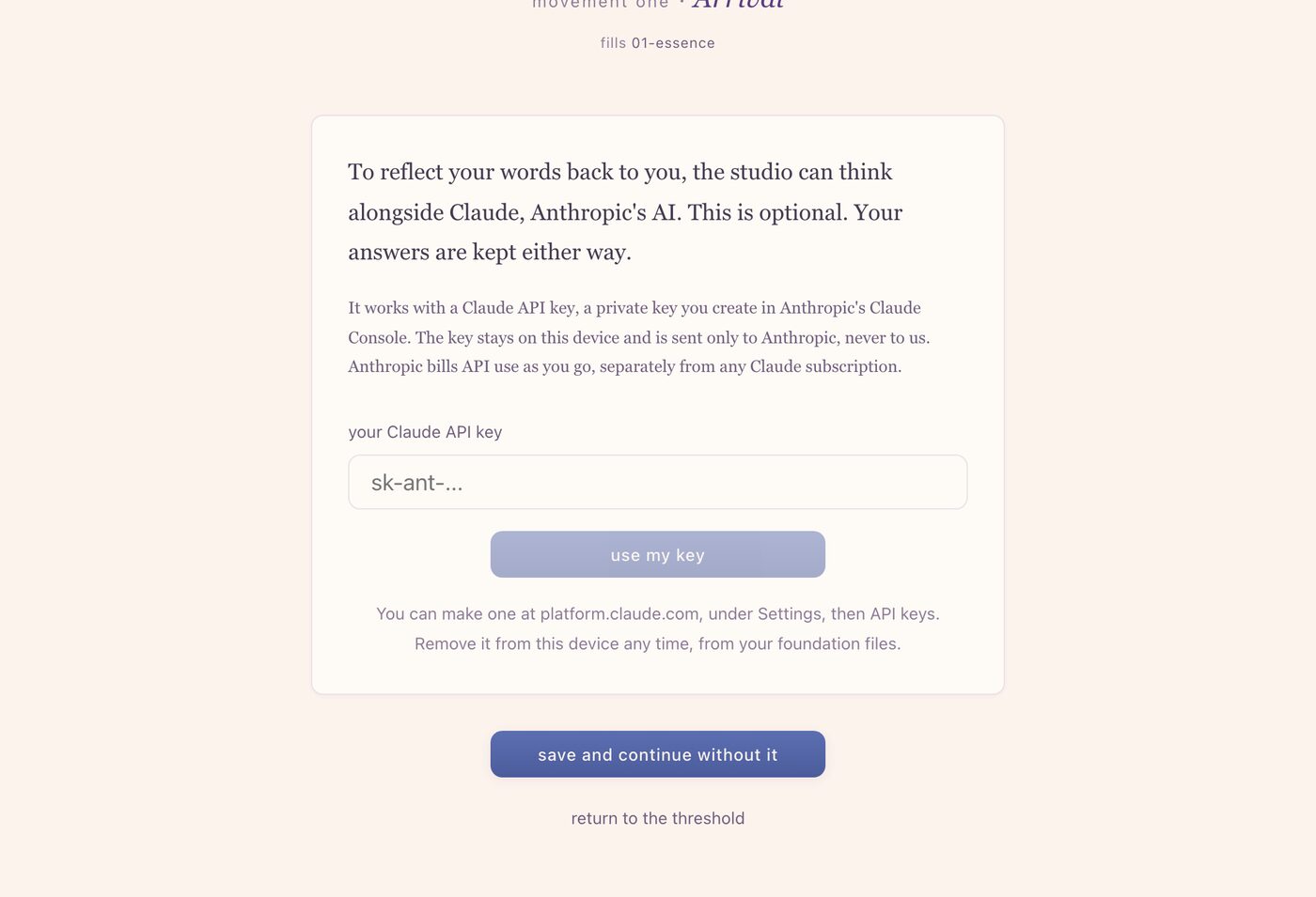 The optional step for adding a Claude API key, with a button to continue without it.